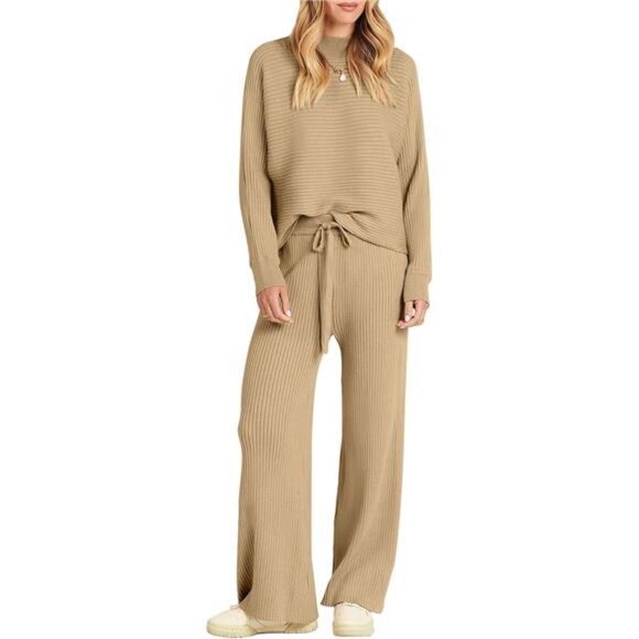 Women's Two Piece Outfit Crop Top Wide Leg Pants Cozy Knit Sweater Set - Picture 1 of 7